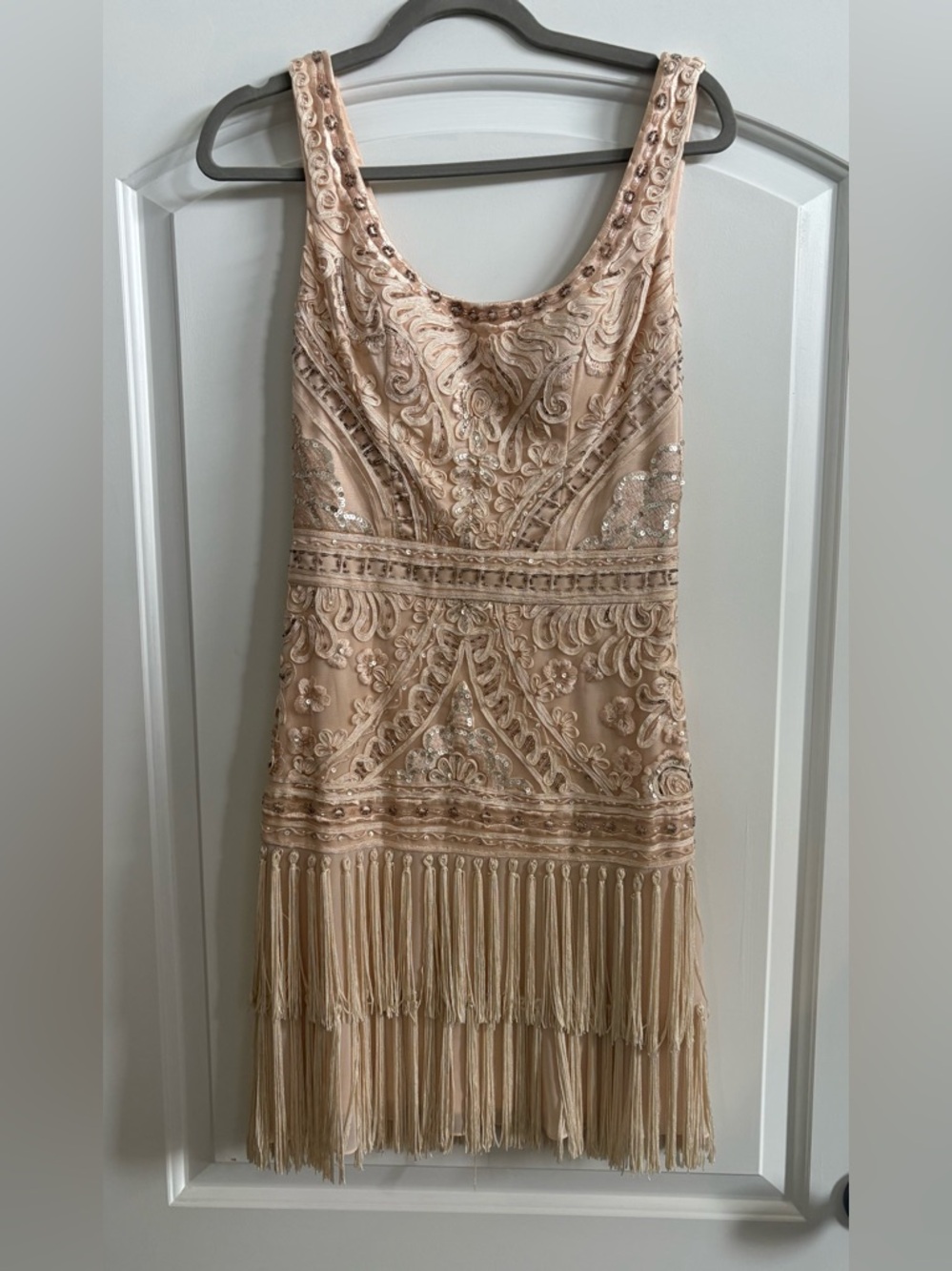 Sue Wong Blush-Beige Beaded Fringe Sheath Dress